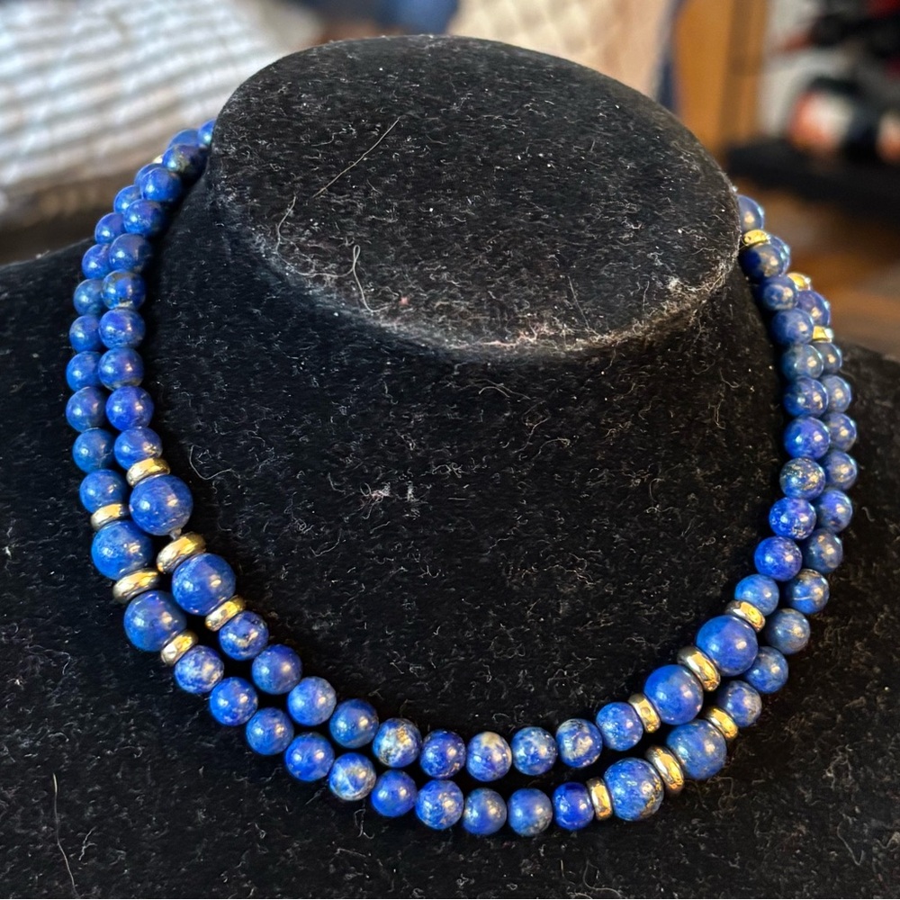 Elegant Vintage Lapis and 14k Gold Beaded Necklace